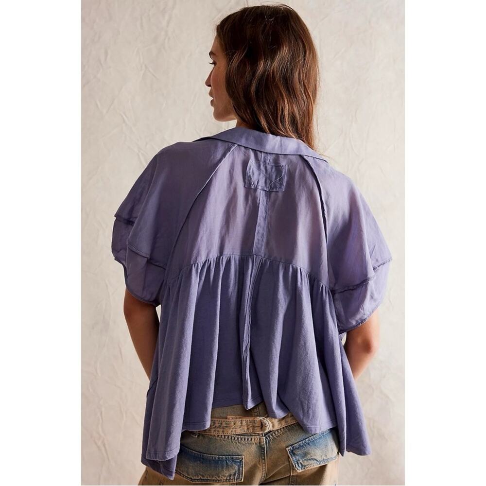 Free People Bohemian Billowy Oversized Sunray Babydoll Top Blue Granite Large - Picture 2 of 14